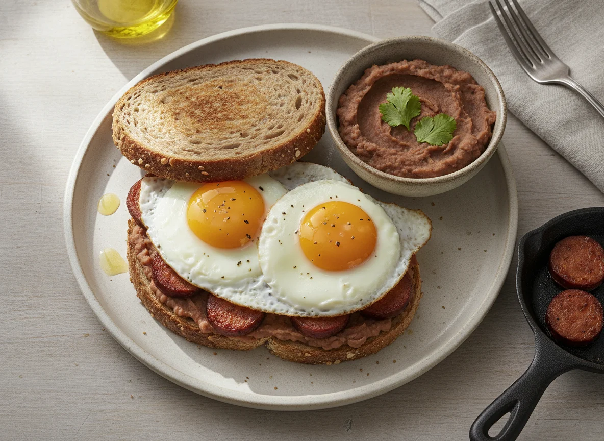 Sándwich de huevo con chorizo y frijoles photo