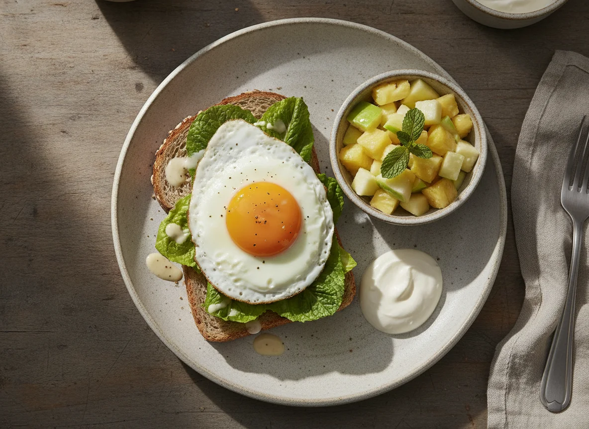 Sándwich de huevo con ensalada de frutas y crema photo