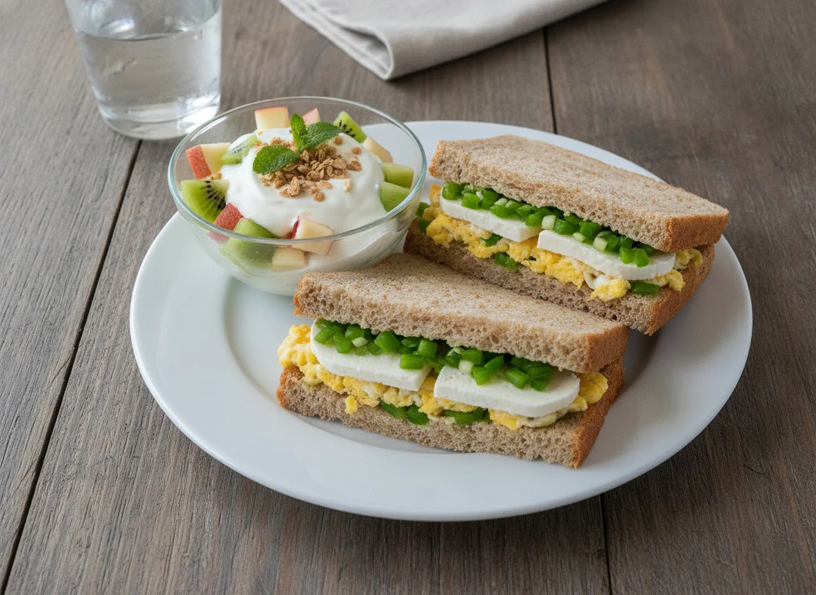 Sándwich de huevo con vegetales y ensalada de frutas con yogur photo