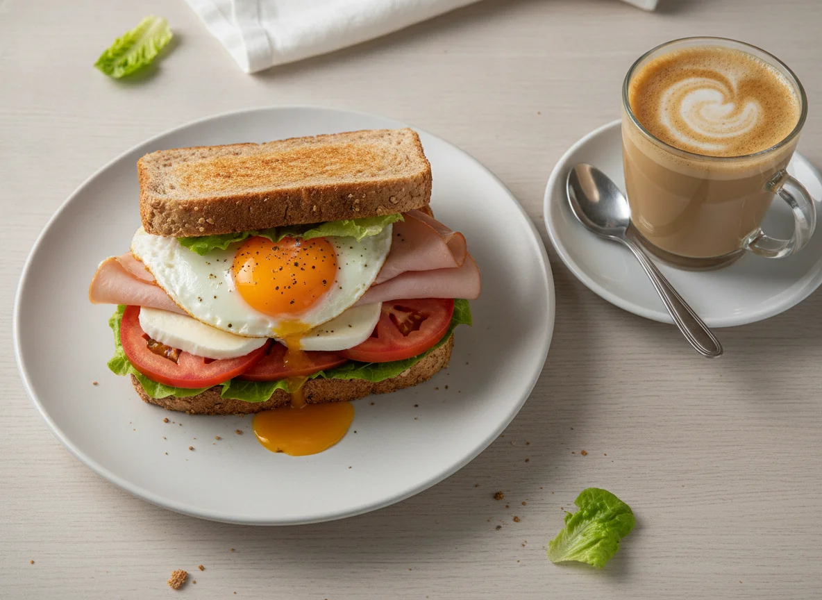 Sándwich de huevo, jamón, tomate y queso mozzarella con café con leche photo