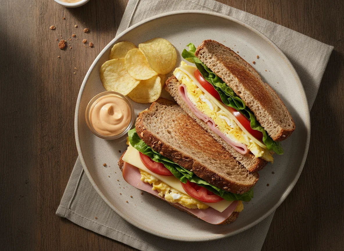 Sándwich de huevo, jamón y tomate en pan integral photo