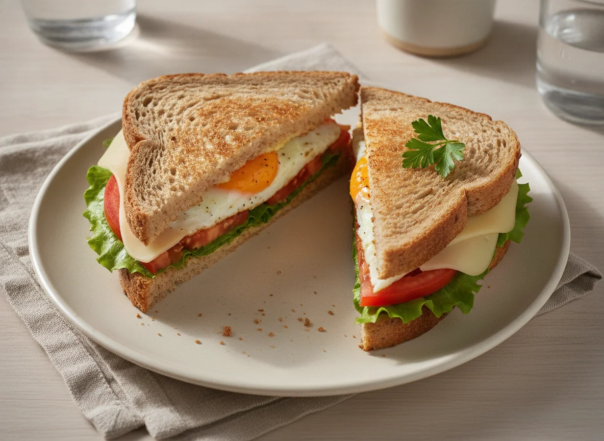 Sándwich de huevo, queso y tomate photo