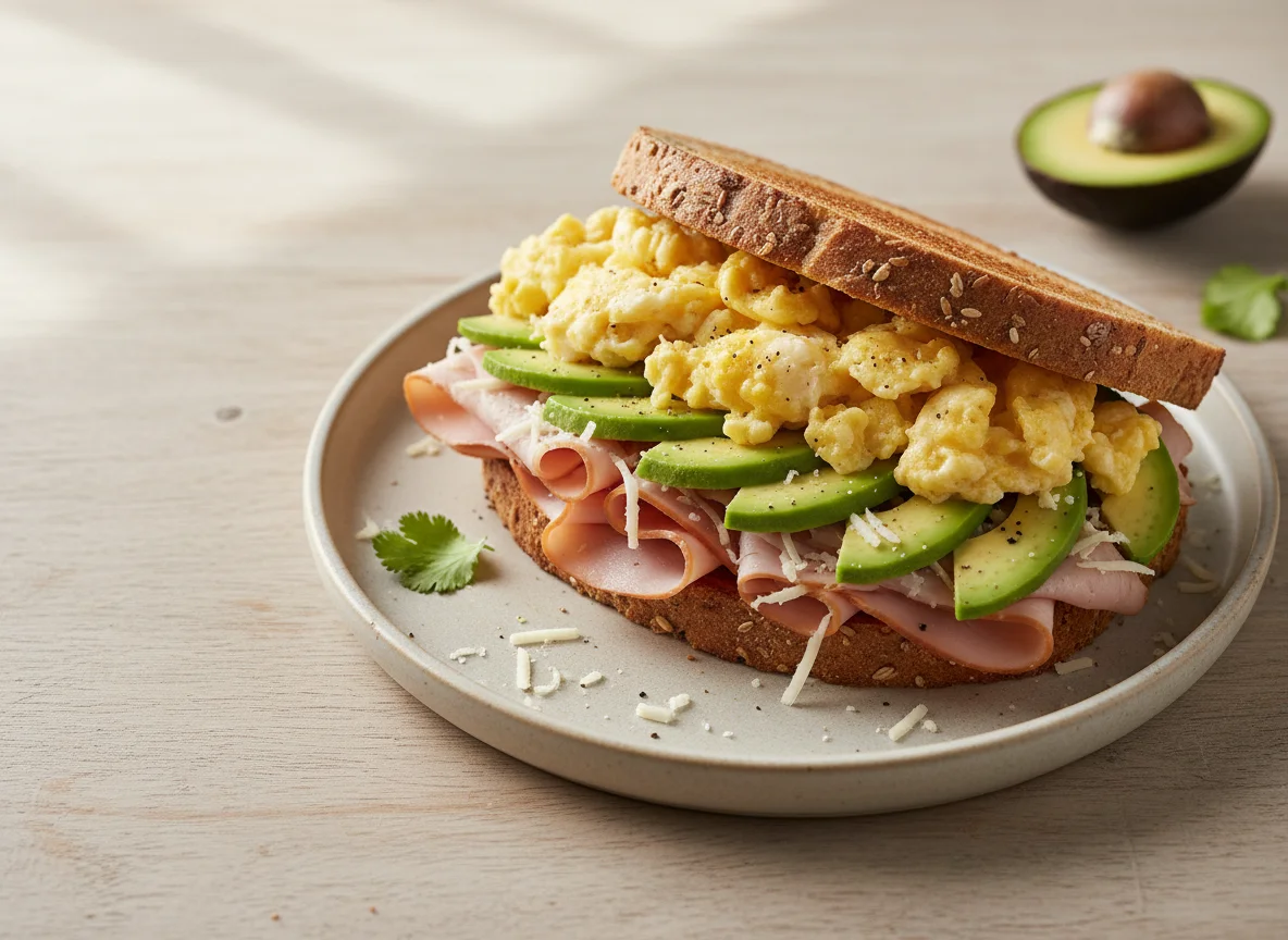Sándwich de huevo revuelto con aguacate y jamón photo