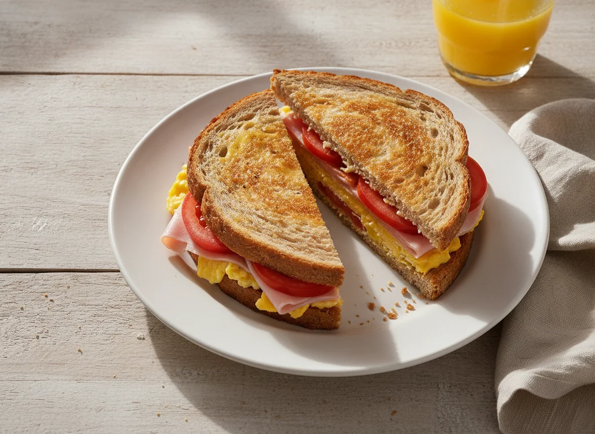 Sándwich de huevo, tomate y jamón photo