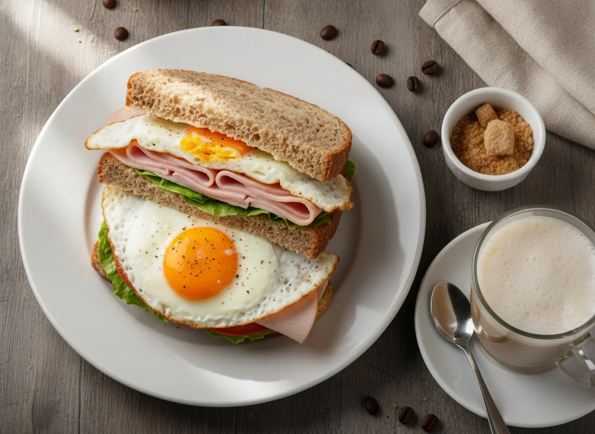 Sándwich de huevo y jamón con café con leche photo