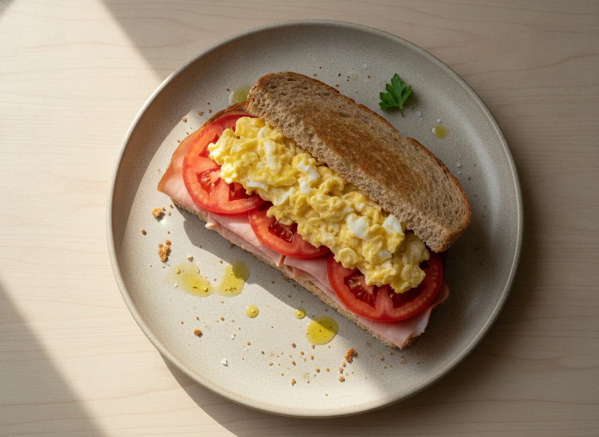 Sándwich de jamón cocido, tomate y huevo photo