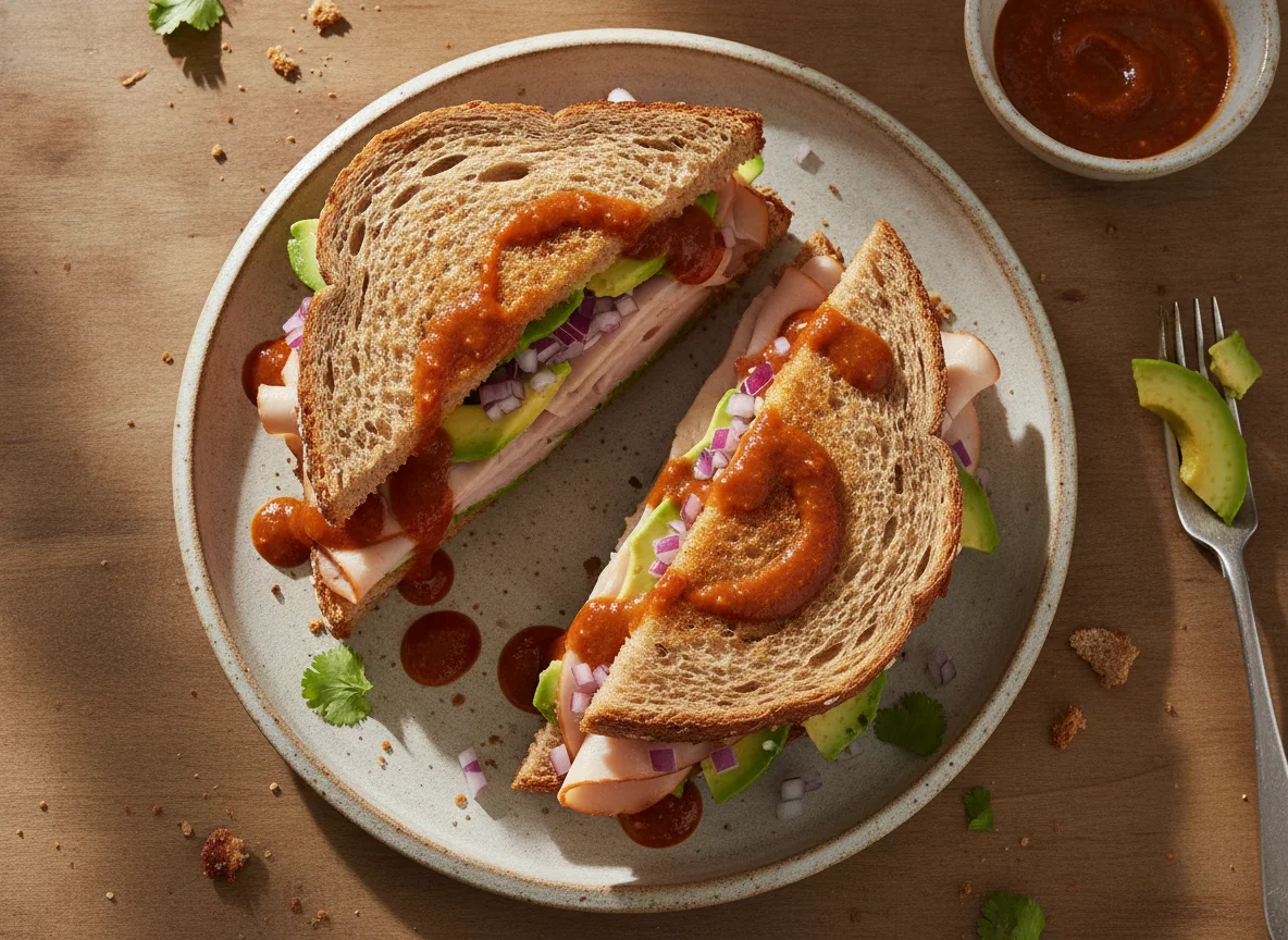 Sándwich de jamón con aguacate y aderezo de chipotle photo