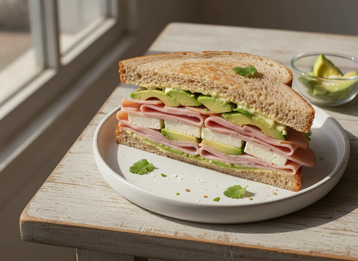 Sándwich de jamón con aguacate y queso panela photo