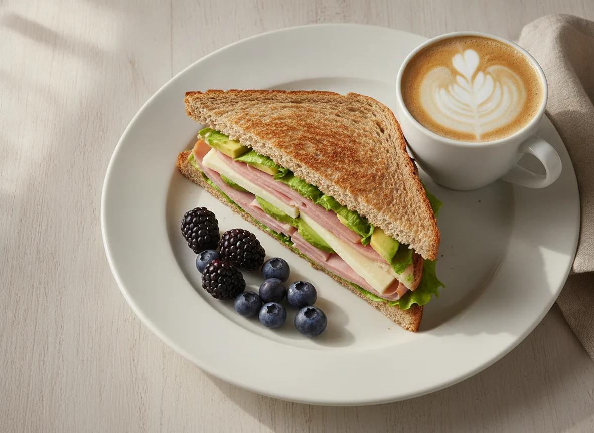Sándwich de jamón con café y frutos rojos photo