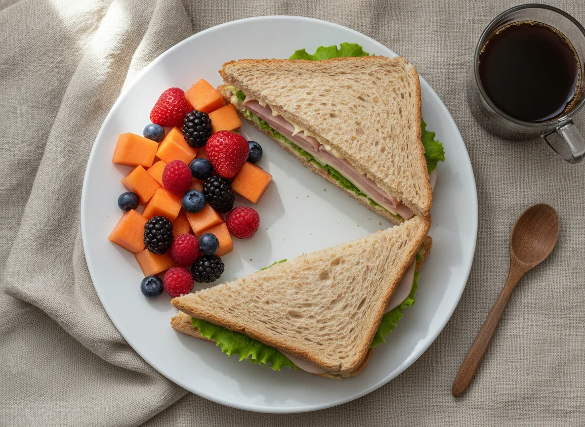 Sándwich de jamón con fruta mixta y café photo