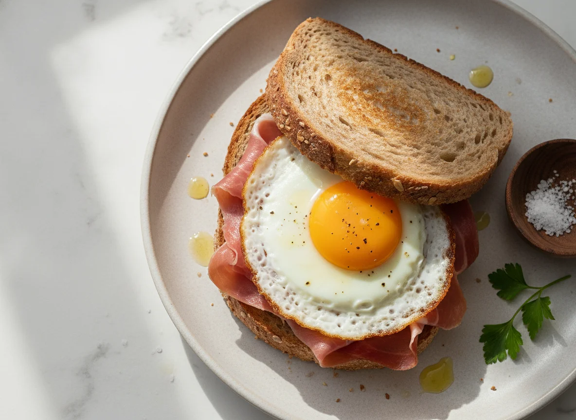Sándwich de jamón con huevo frito photo