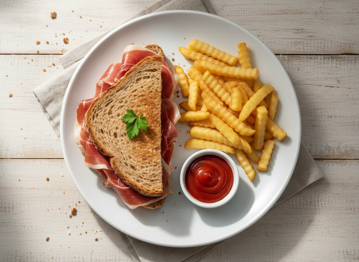 Sándwich de jamón con papas fritas y kétchup photo
