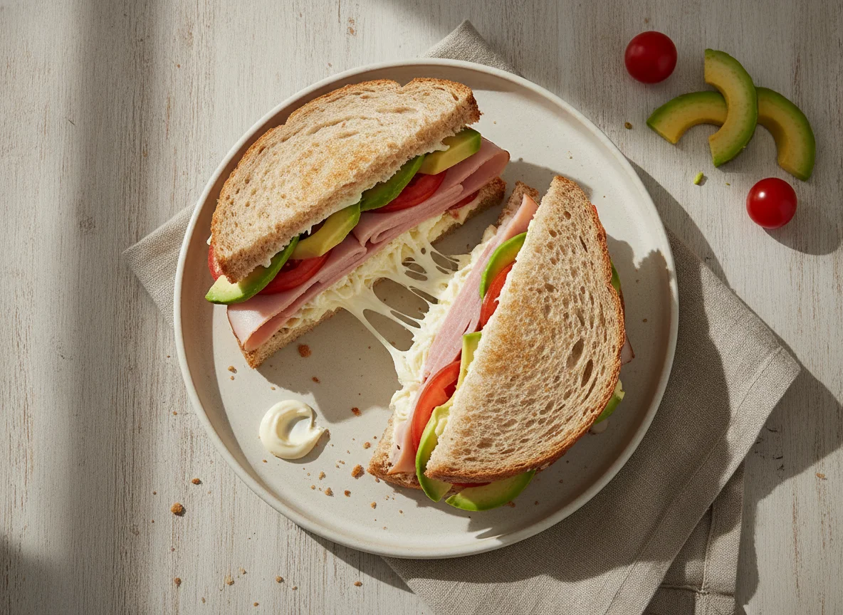 Sándwich de jamón con queso Oaxaca y aguacate photo