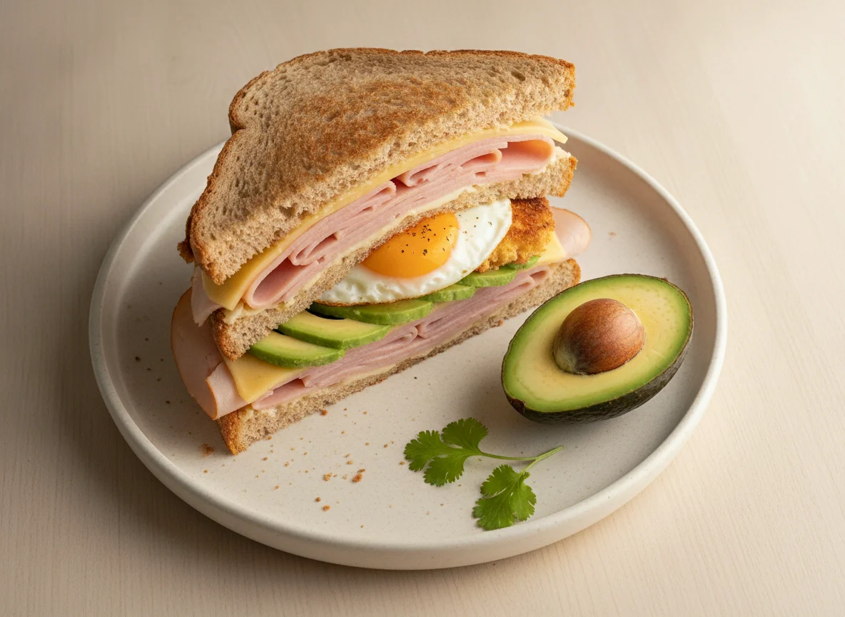 Sándwich de jamón con queso y aguacate photo