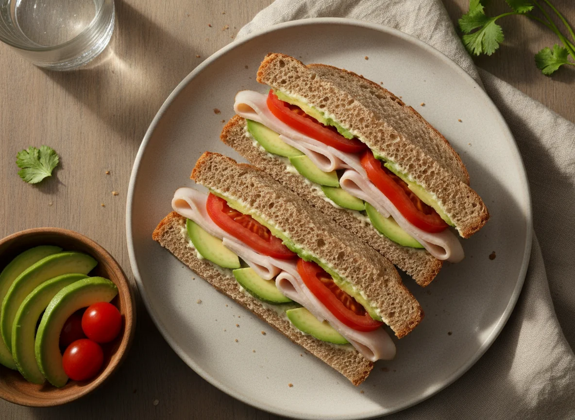 Sándwich de jamón de pavo con aguacate y jitomate photo