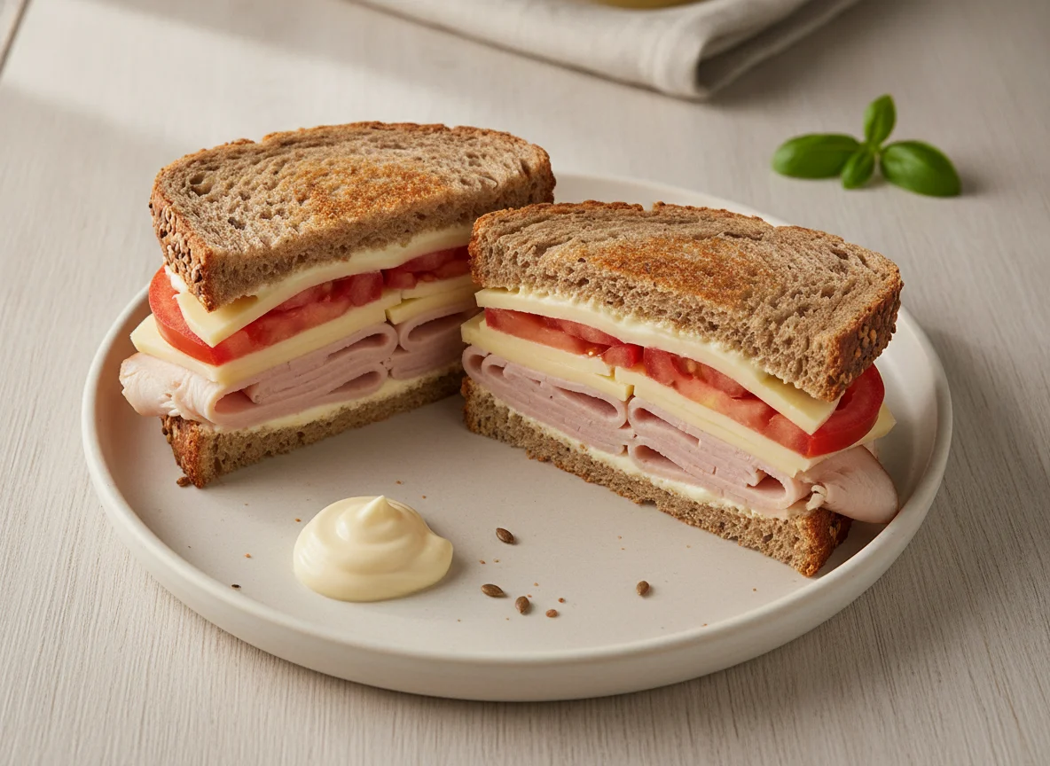Sándwich de jamón de pavo, queso y tomate en pan integral photo
