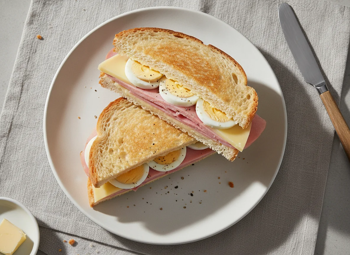Sándwich de jamón, queso y huevo duro photo