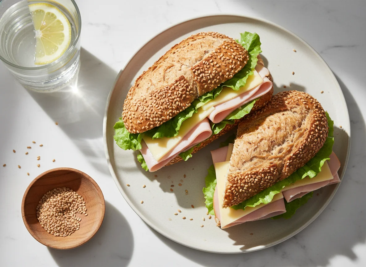 Sándwich de jamón, queso y lechuga en pan integral con ajonjolí photo