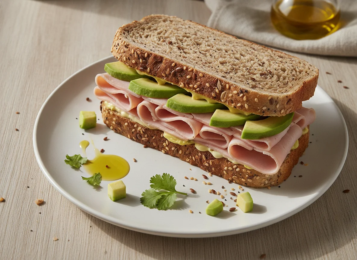 Sándwich de jamón y aguacate en pan integral photo