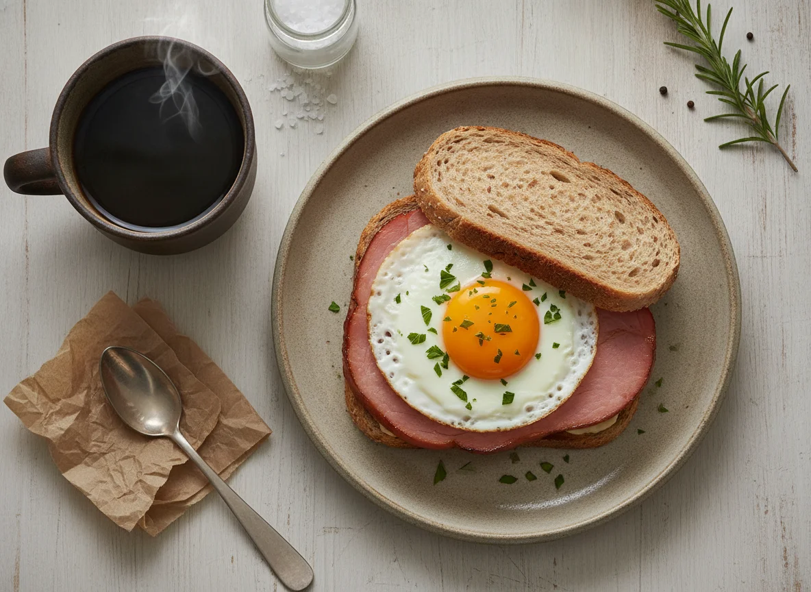 Sándwich de jamón y huevo con café photo