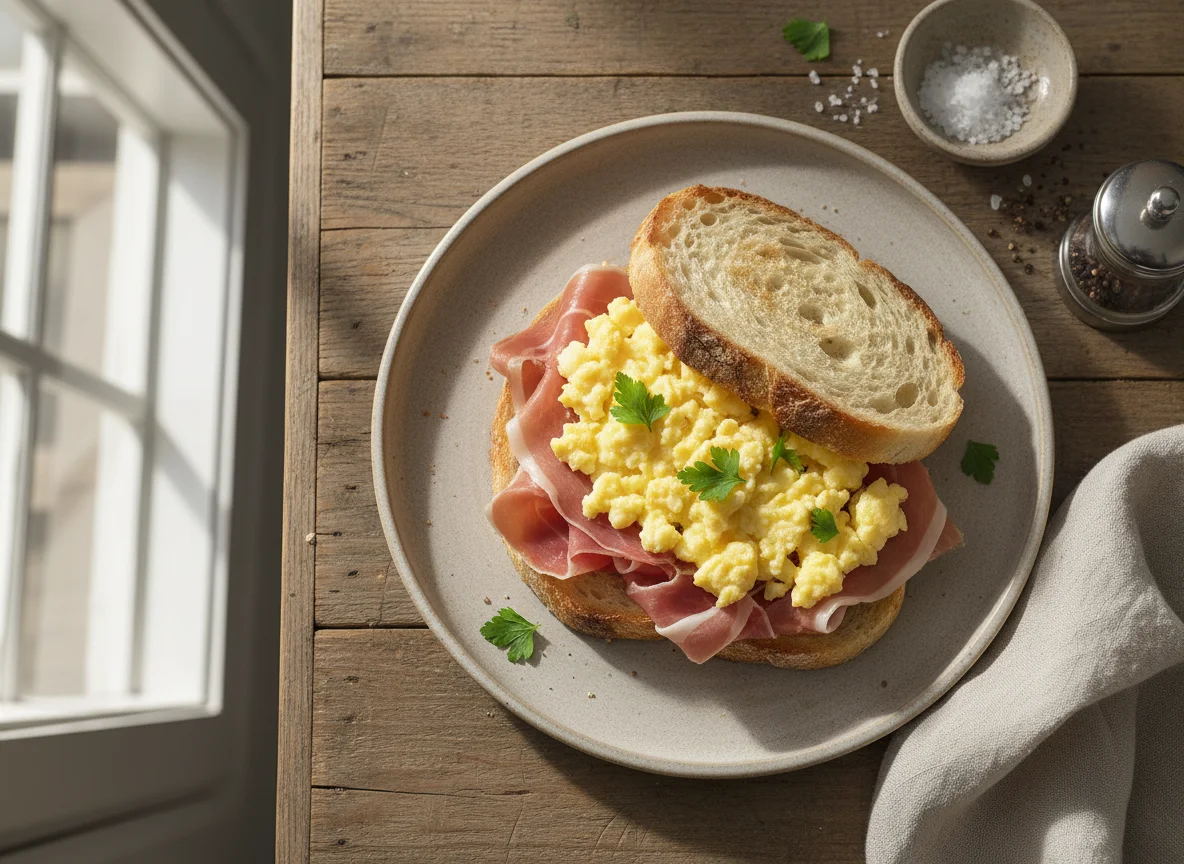Sándwich de jamón y huevo revuelto photo