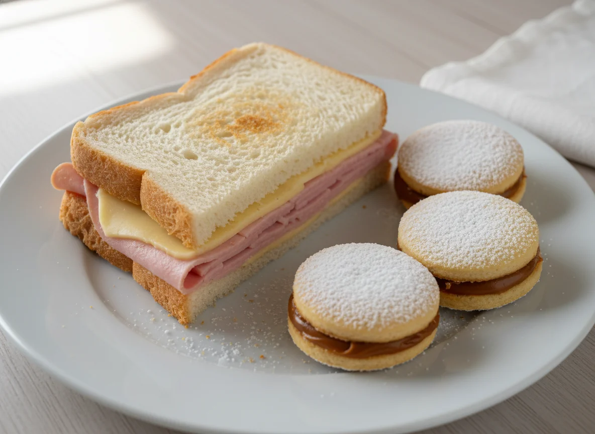 Sándwich de jamón y queso con alfajores de maicena photo