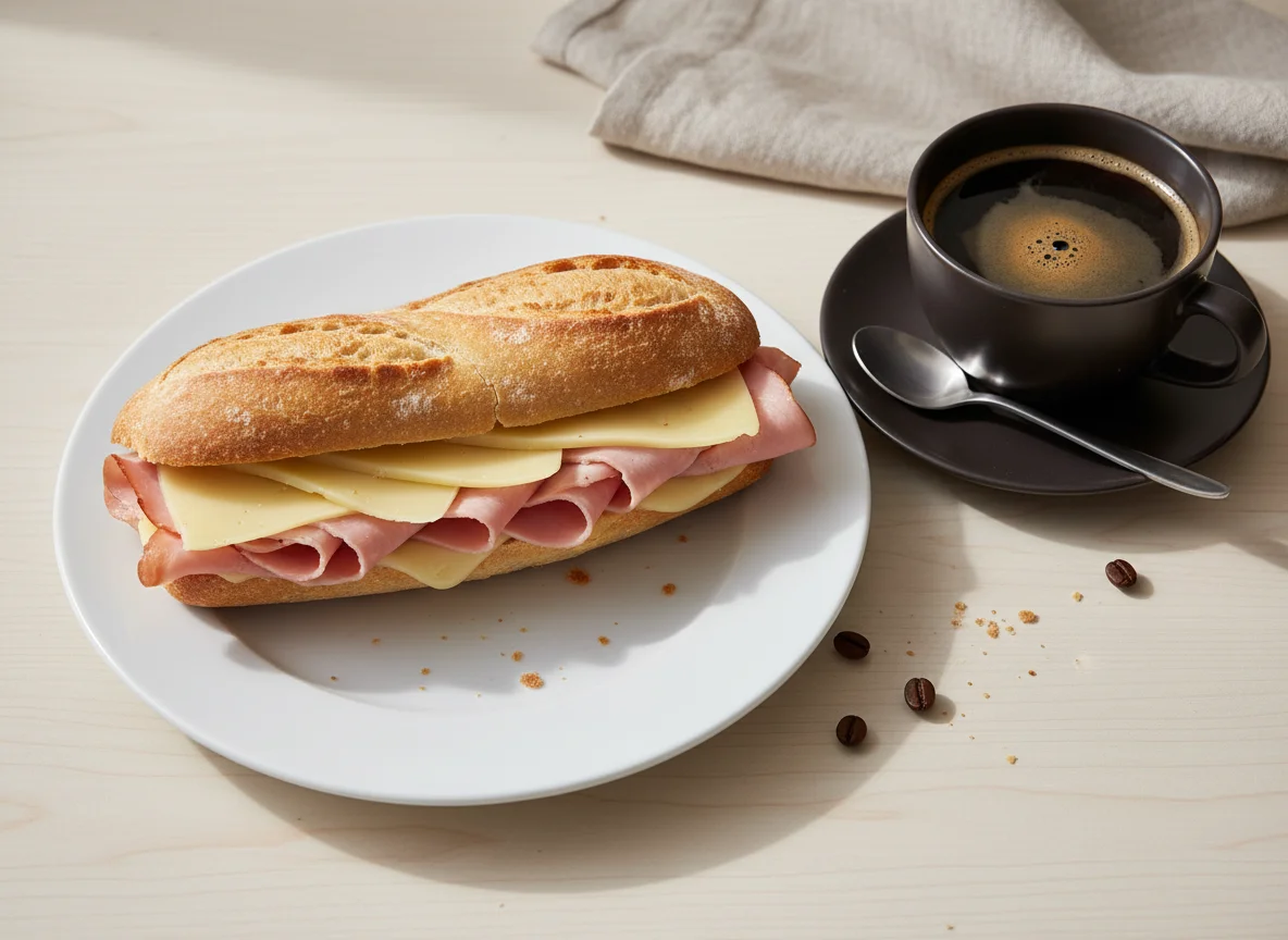 Sándwich de jamón y queso con café photo
