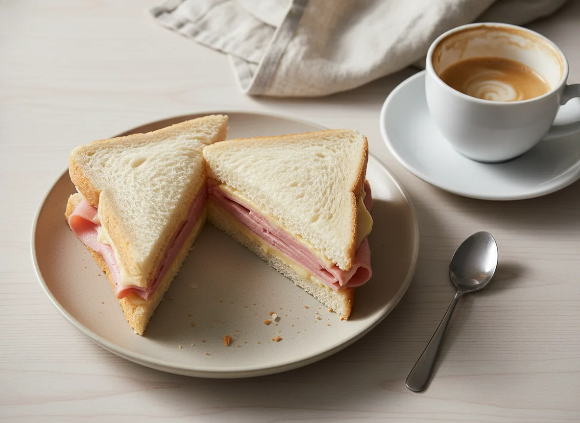 Sándwich de jamón y queso con café con leche photo