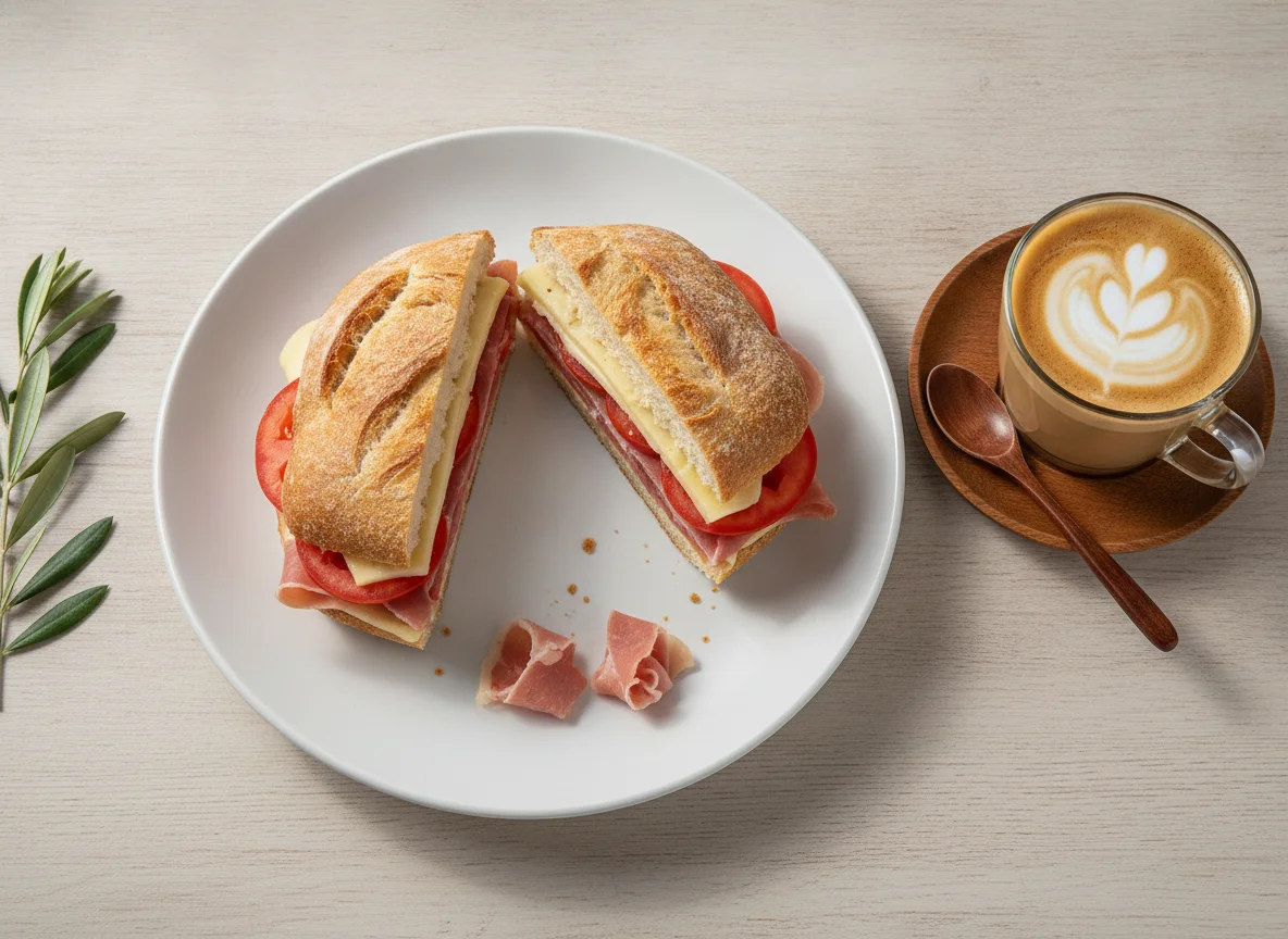 Sándwich de jamón y queso con café latte photo