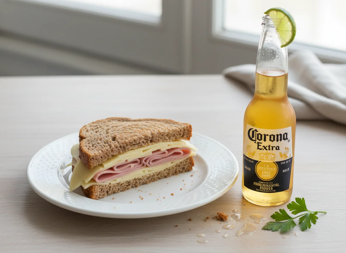 Sándwich de jamón y queso con cerveza photo
