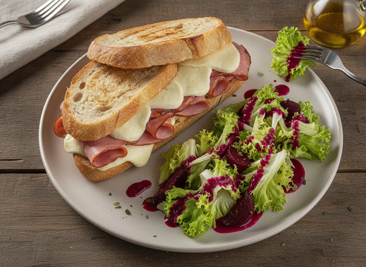 Sándwich de jamón y queso con ensalada photo