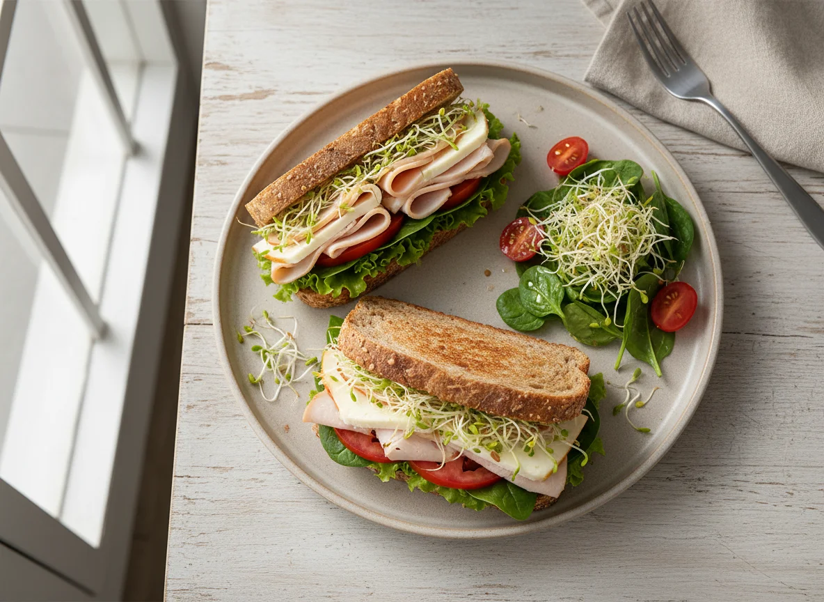 Sándwich de jamón y queso con ensalada de brotes photo