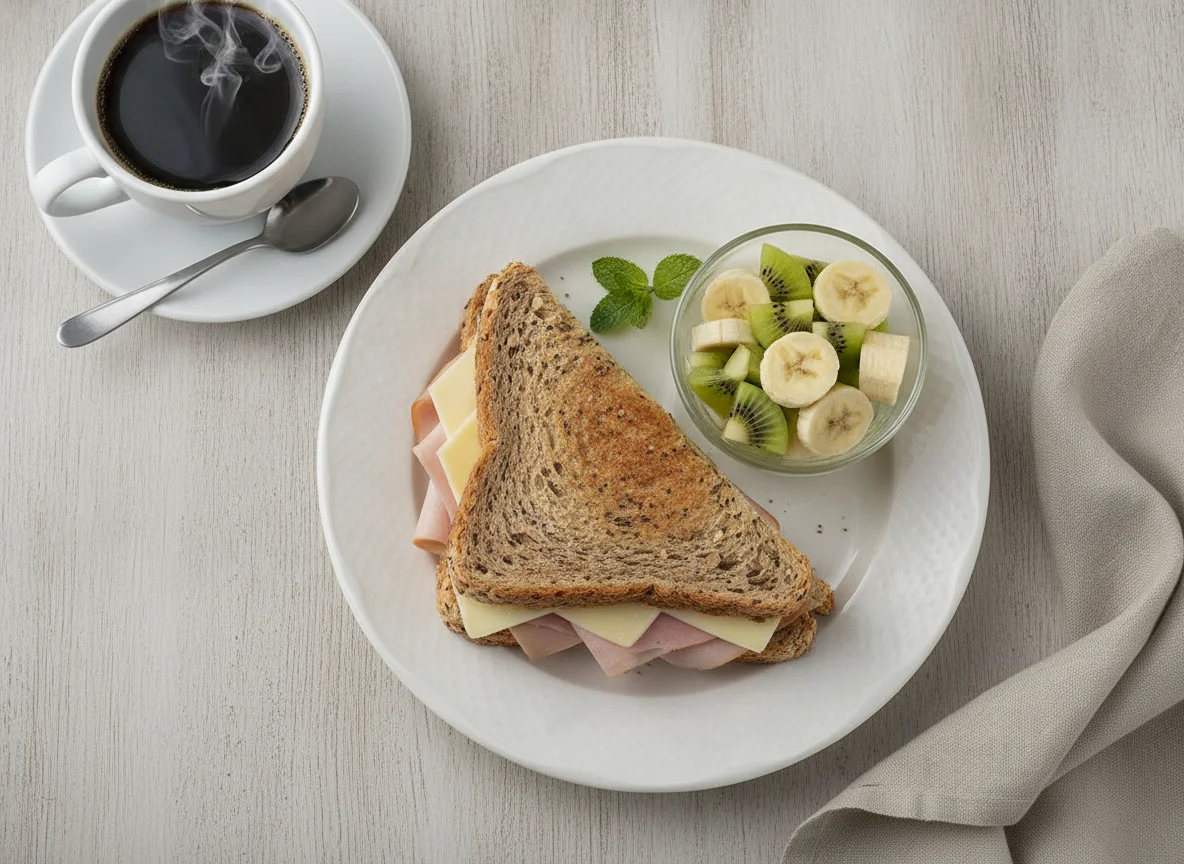 Sándwich de jamón y queso con ensalada de frutas y café photo