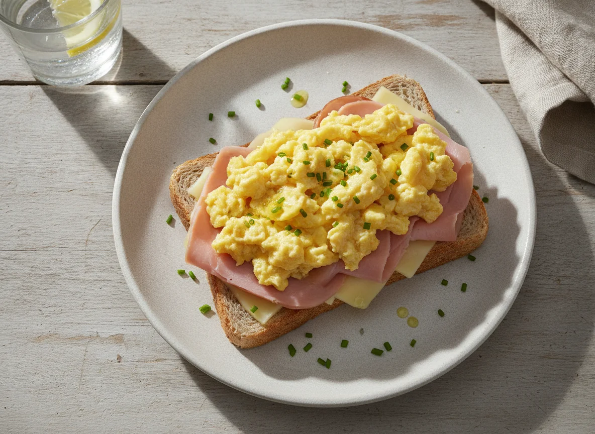 Sándwich de jamón y queso con huevos revueltos photo
