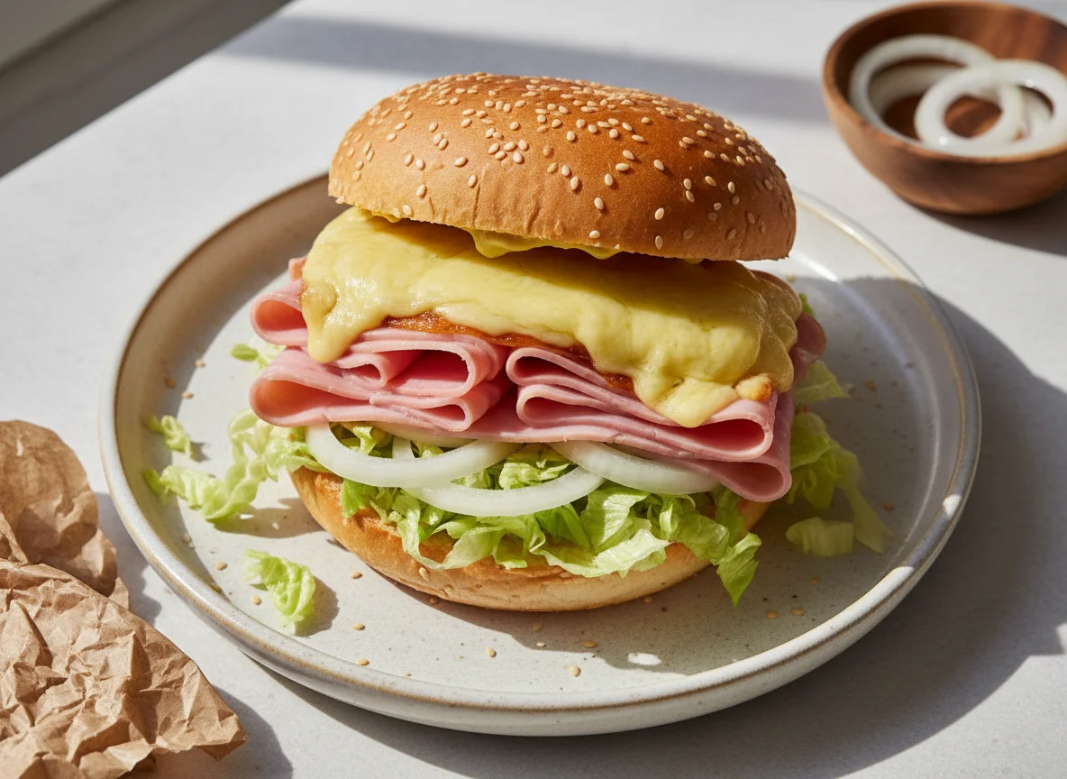 Sándwich de jamón y queso con lechuga y cebolla photo