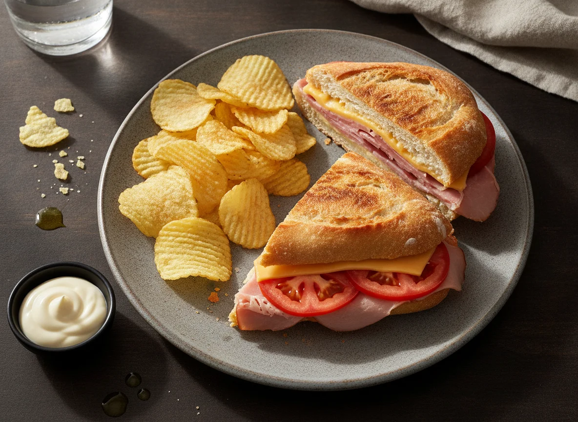 Sándwich de jamón y queso con papas fritas photo