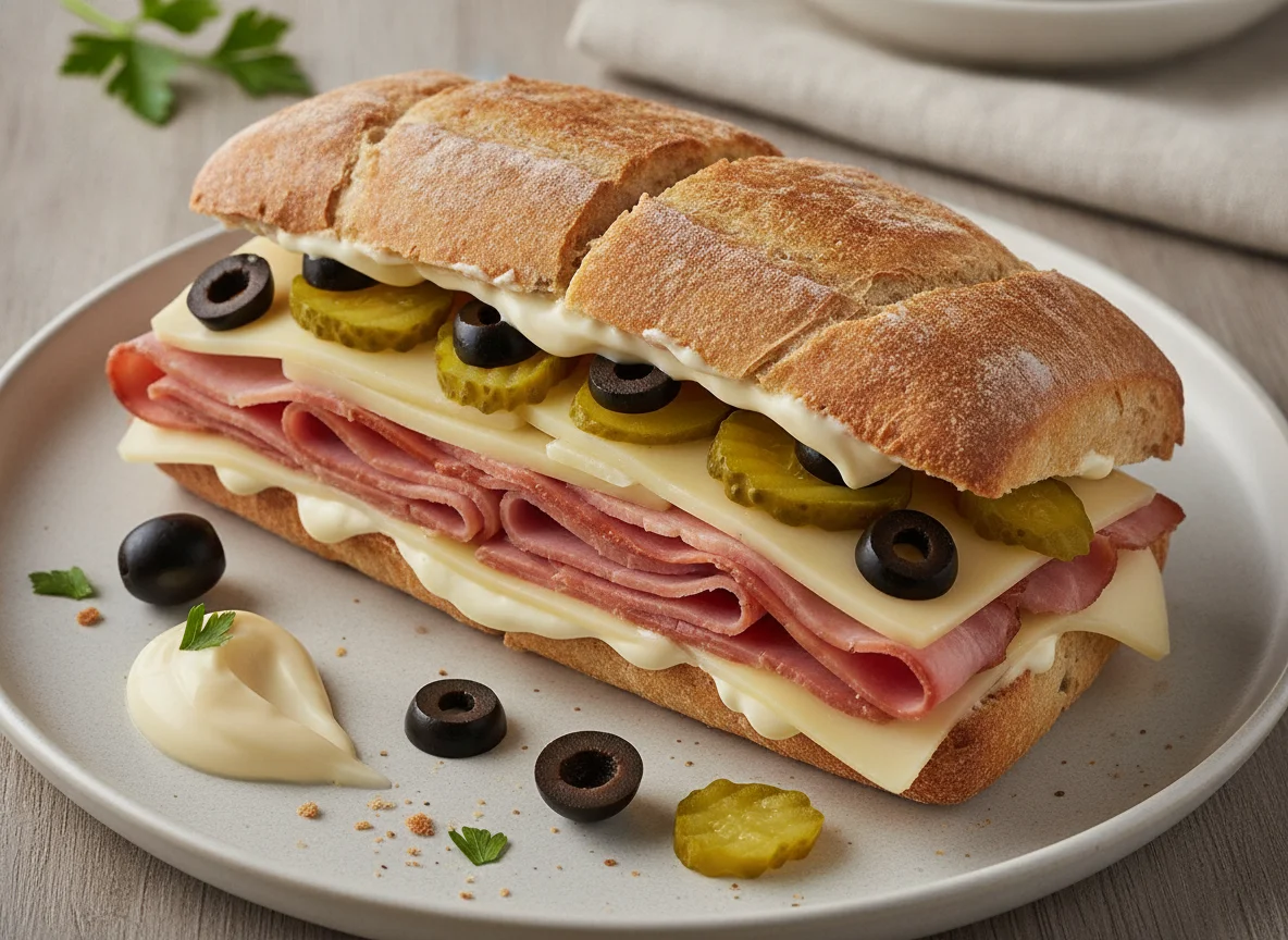 Sándwich de jamón y queso con pepinillos y aceitunas photo