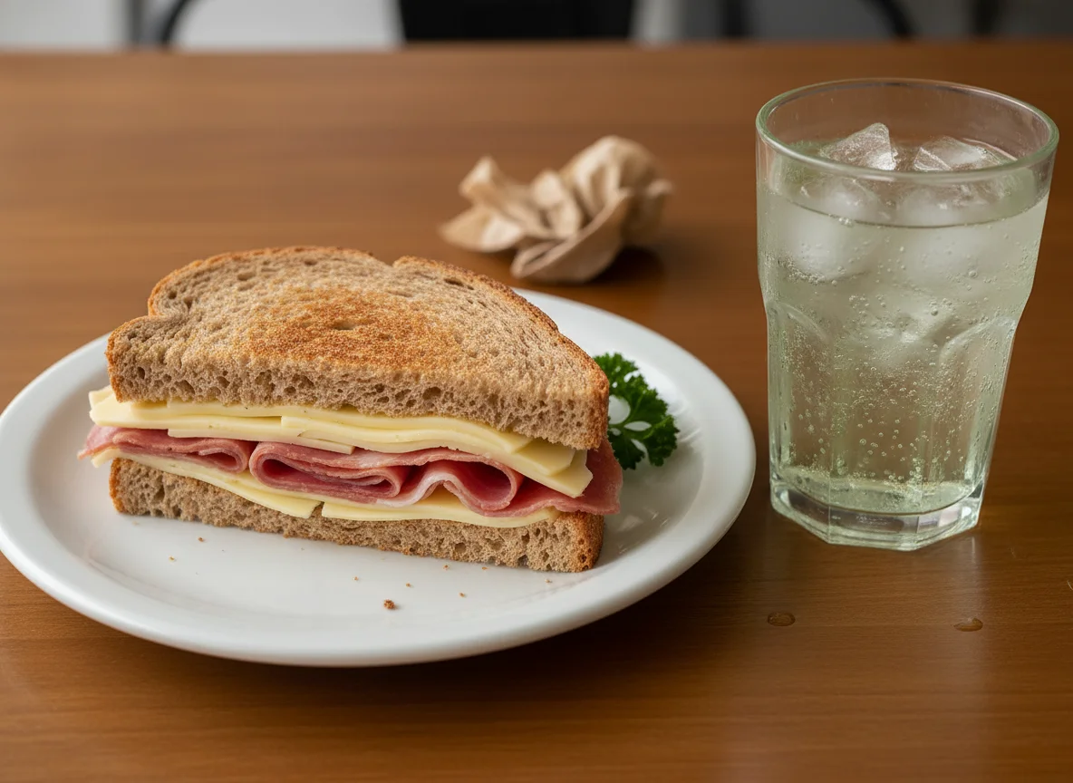 Sándwich de jamón y queso con Sprite photo