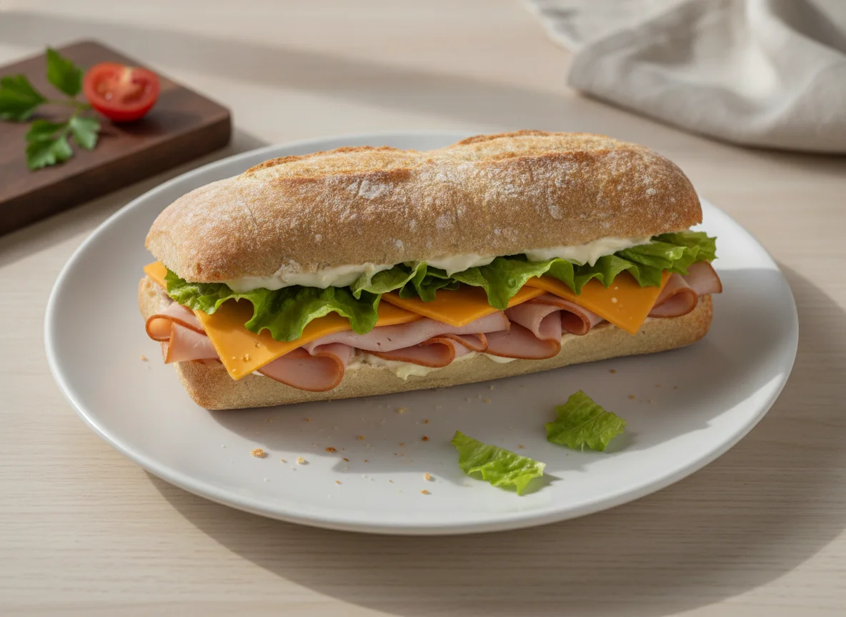 Sándwich de jamón y queso en pan artesanal photo
