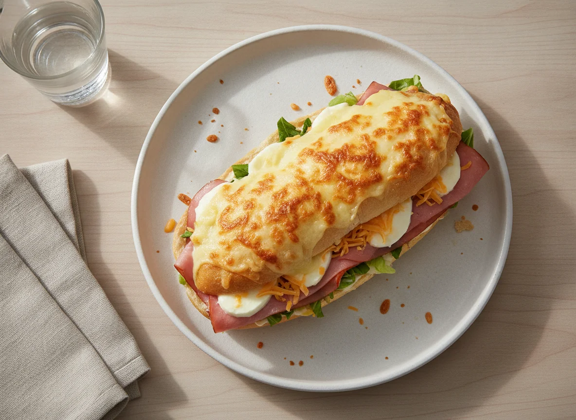 Sándwich de jamón y queso tipo gratinado photo