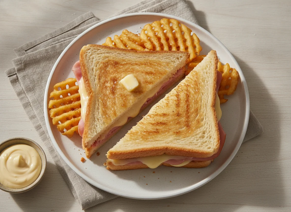 Sándwich de jamón y queso tostado con papas rejilla photo