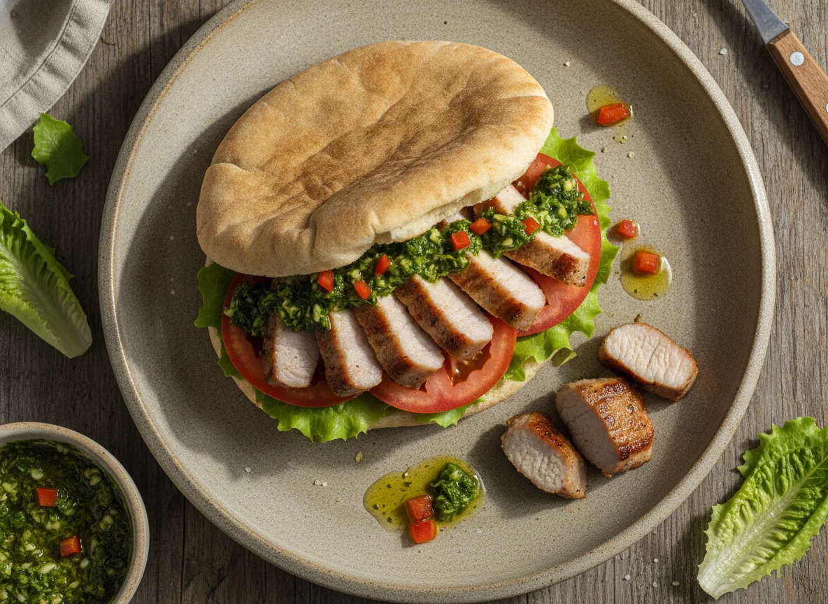 Sándwich de lomo de cerdo en pan pita photo