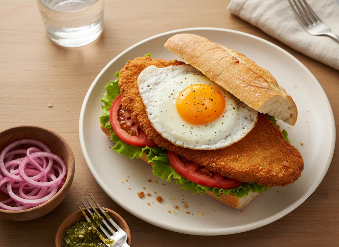 Sándwich de milanesa con huevo y vegetales photo
