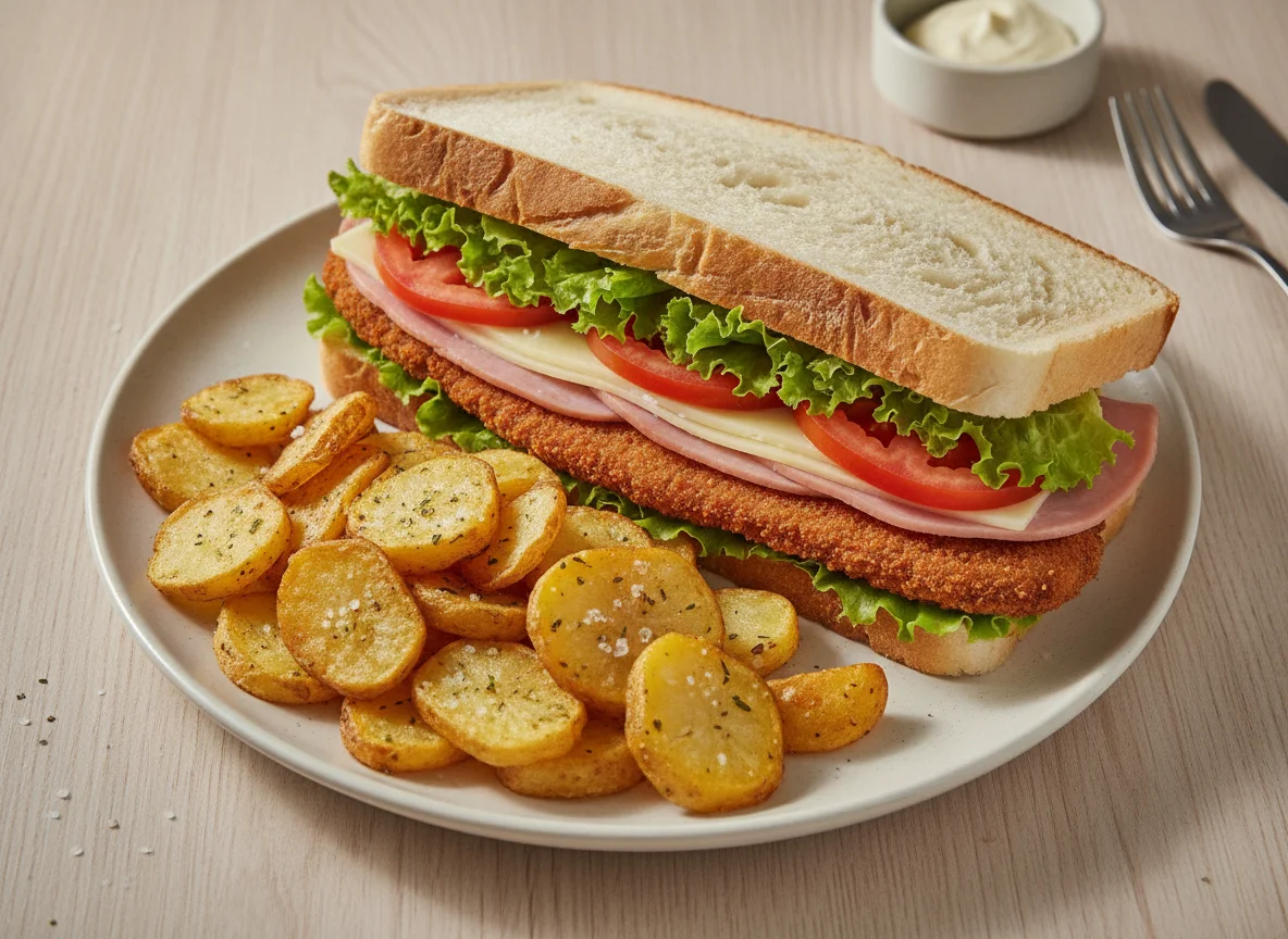Sándwich de milanesa con papas rústicas photo