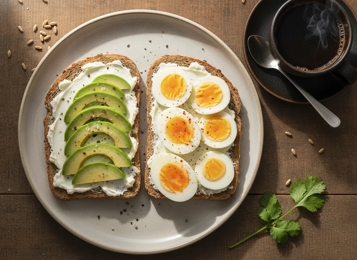 Sándwich de pan de centeno con aguacate, huevo y café solo photo
