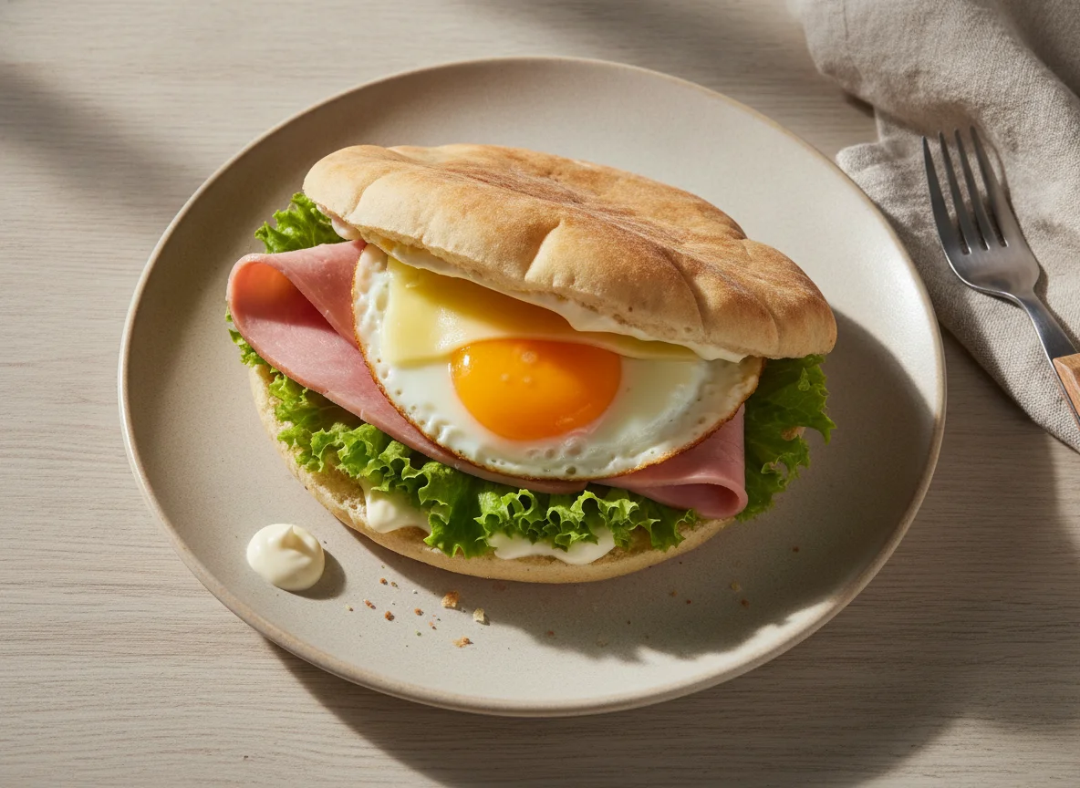Sándwich de pan de pita con jamón, queso y huevo photo