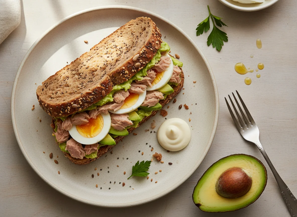 Sándwich de pan integral con atún, huevo y aguacate photo