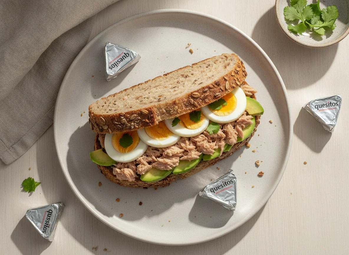Sándwich de pan integral con atún, huevo y quesitos photo