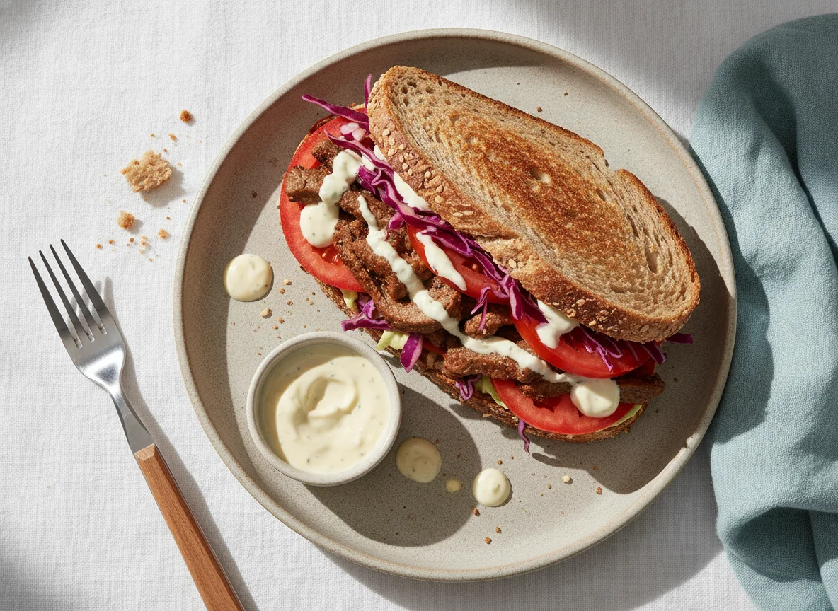 Sándwich de pan integral con carne y verduras photo
