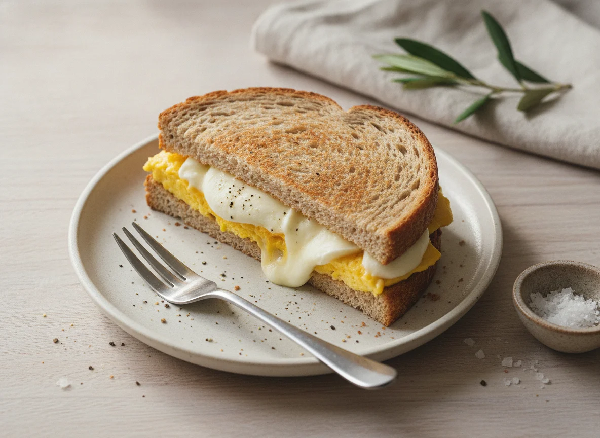 Sándwich de pan integral con huevo y queso photo